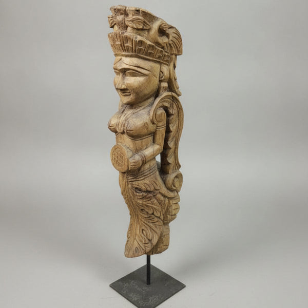Handcrafted Yakshi heritage sculpture made from reclaimed antique wooden figurines with intricate carvings.