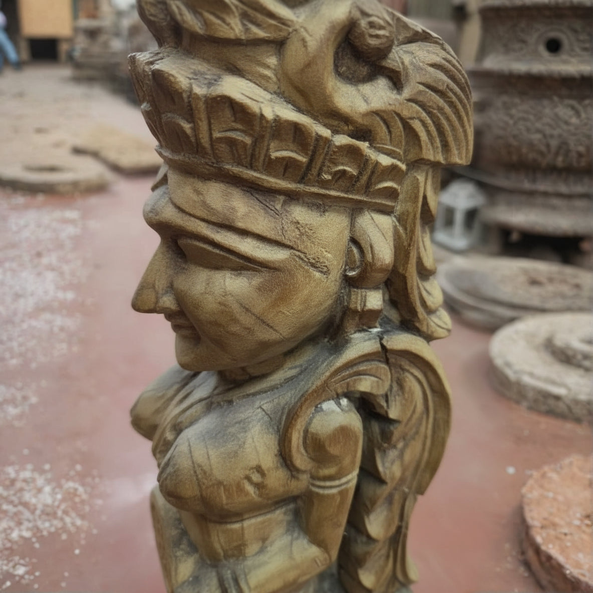 Handcrafted Yakshi heritage sculpture made from reclaimed antique wooden figurines.