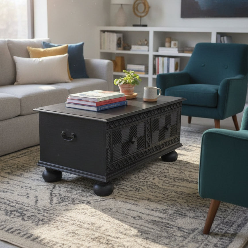 Yantra Storage Coffee Unit in dark wood with intricate carved details, placed in a cozy living room setting with books, plant, and modern furniture decor.