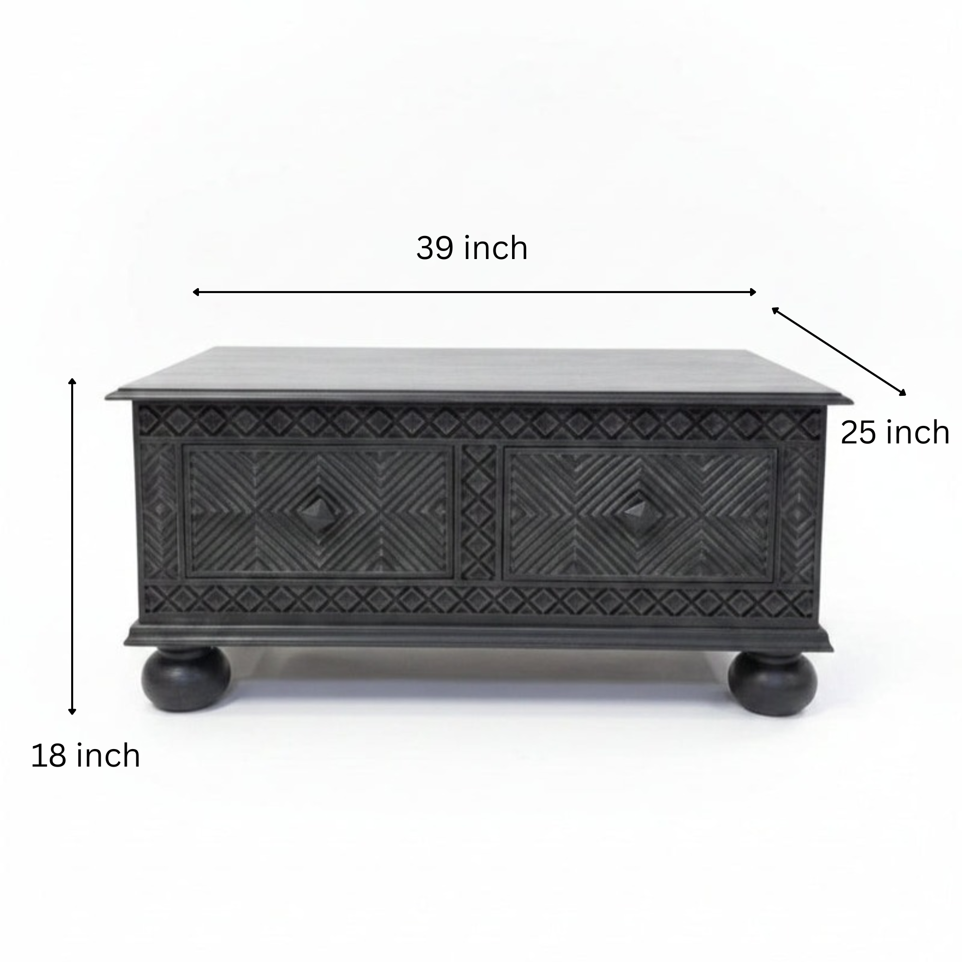 Yantra Storage Coffee Unit in dark wood with intricate tribal handicraft patterns, featuring two front drawers and rounded legs, perfect for stylish decor and storage.