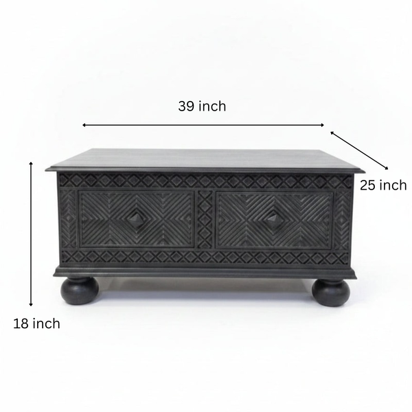 Yantra Storage Coffee Unit in dark wood with intricate tribal handicraft patterns, featuring two front drawers and rounded legs, perfect for stylish decor and storage.